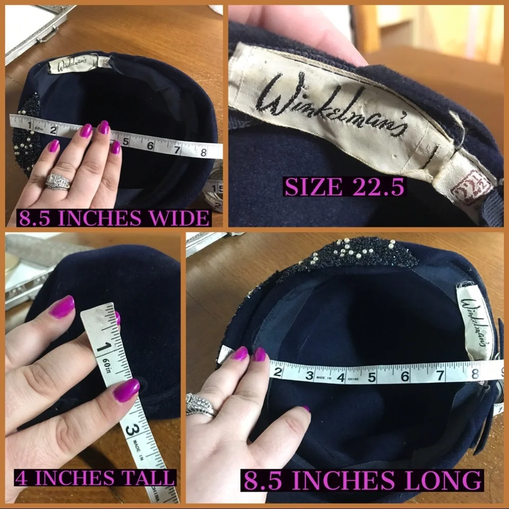VINTAGE 1960'S BLUE VELOUR BERET STYLE HAT WITH RHINESTONE EMBELLISHMENT - Picture 13 of 13
